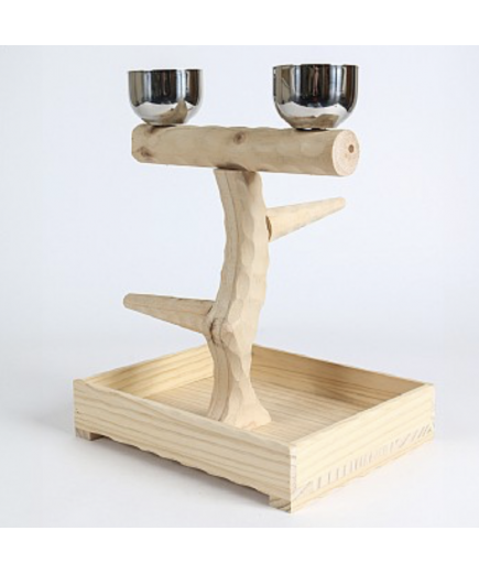 Small Table Top Wood Parrot Stand with Feeding Bowls