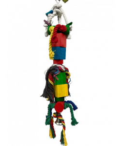 Parrot-Supplies Knotty Blocky Wood And Rope Stacker With Bell Parrot Toy